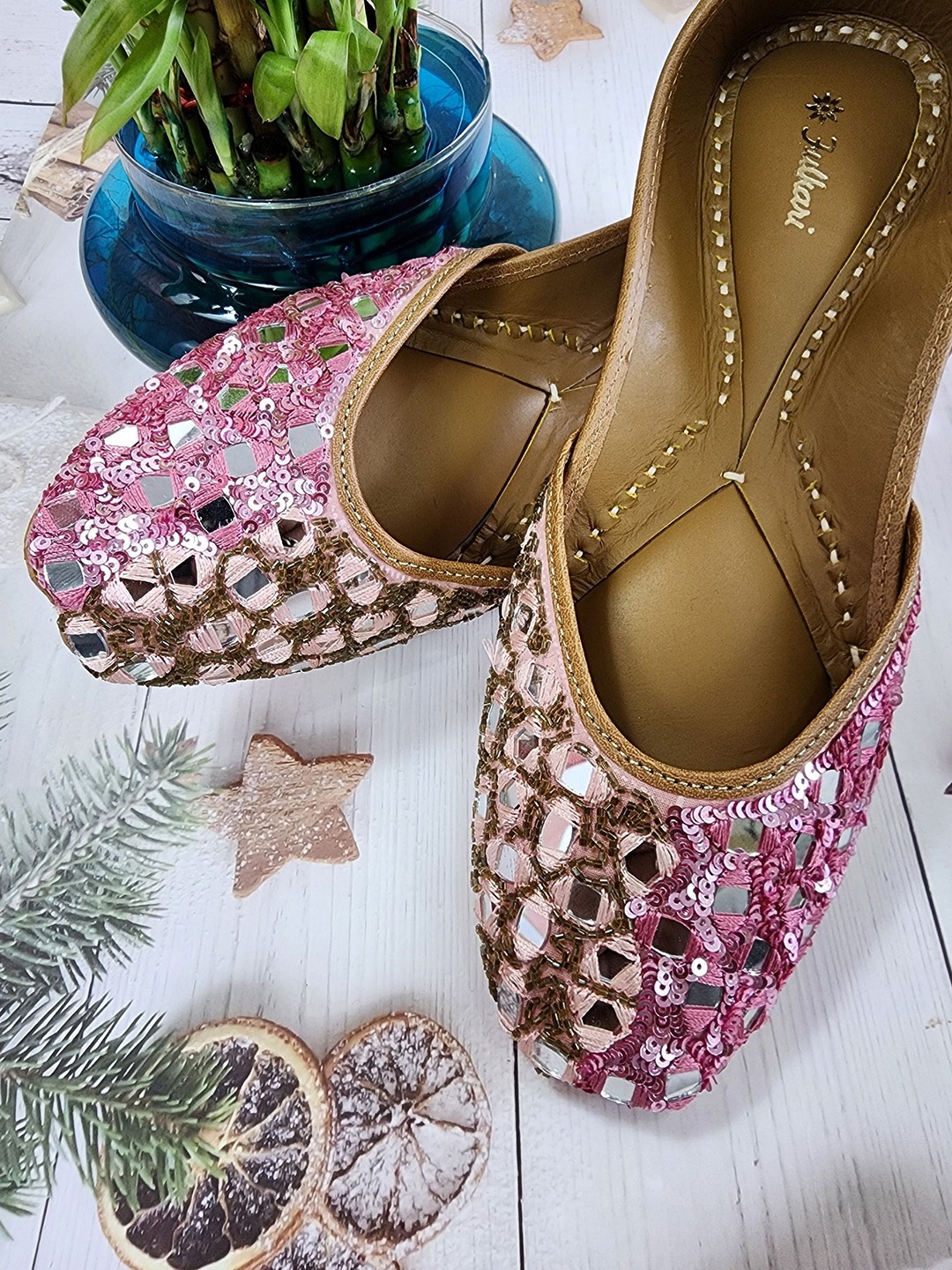 

Fulkari Women Leather Embellished Ethnic Mojaris, Pink