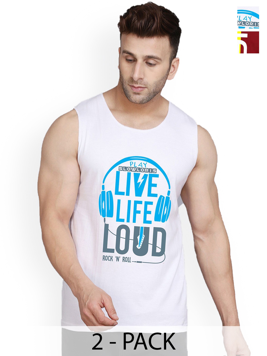 

SLOWLORIS Men Pack Of 2 Printed Gym Vests, White