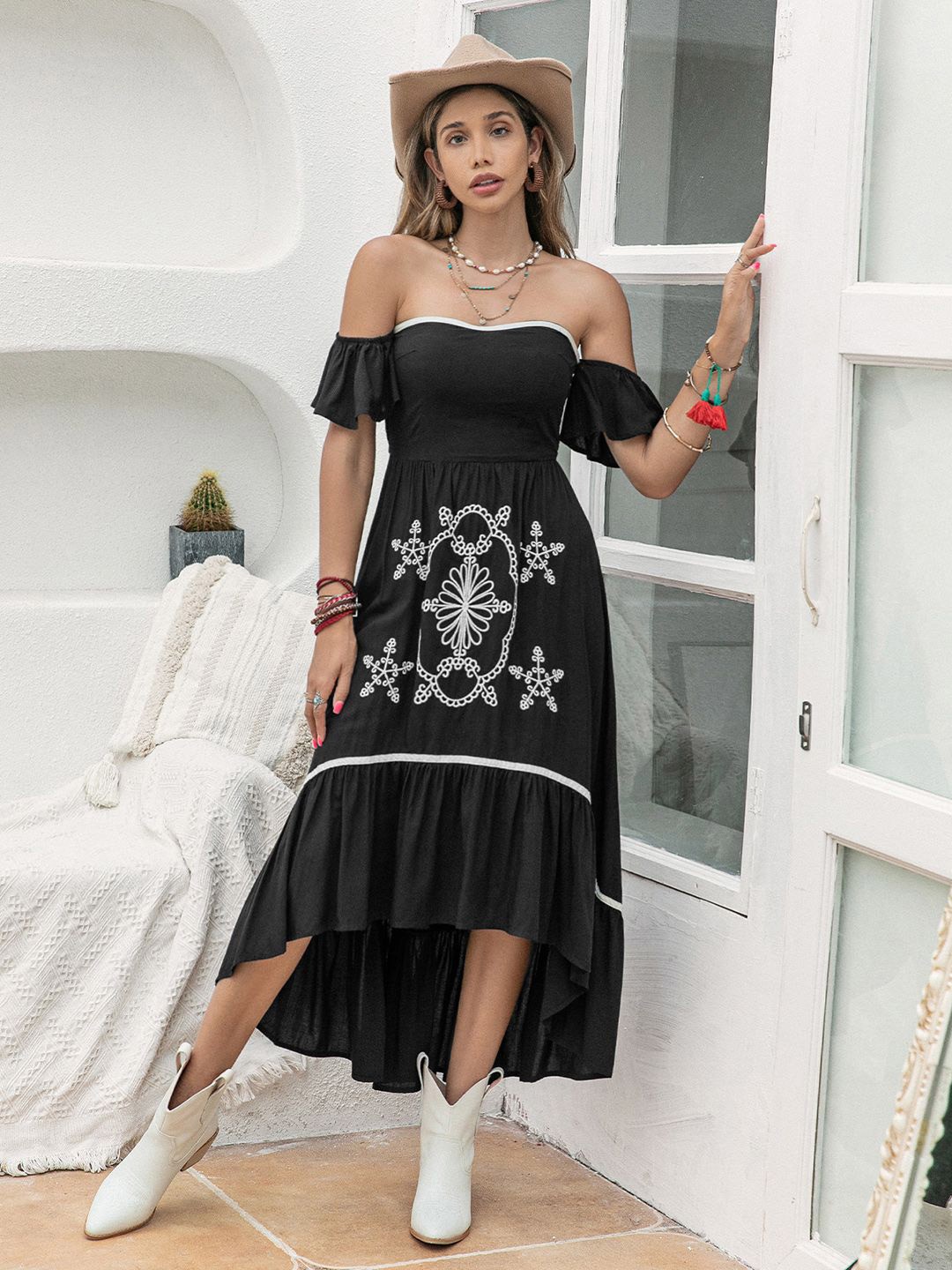 

JC Mode Women Off-Shoulder Fit & Flare Midi Dress, Black