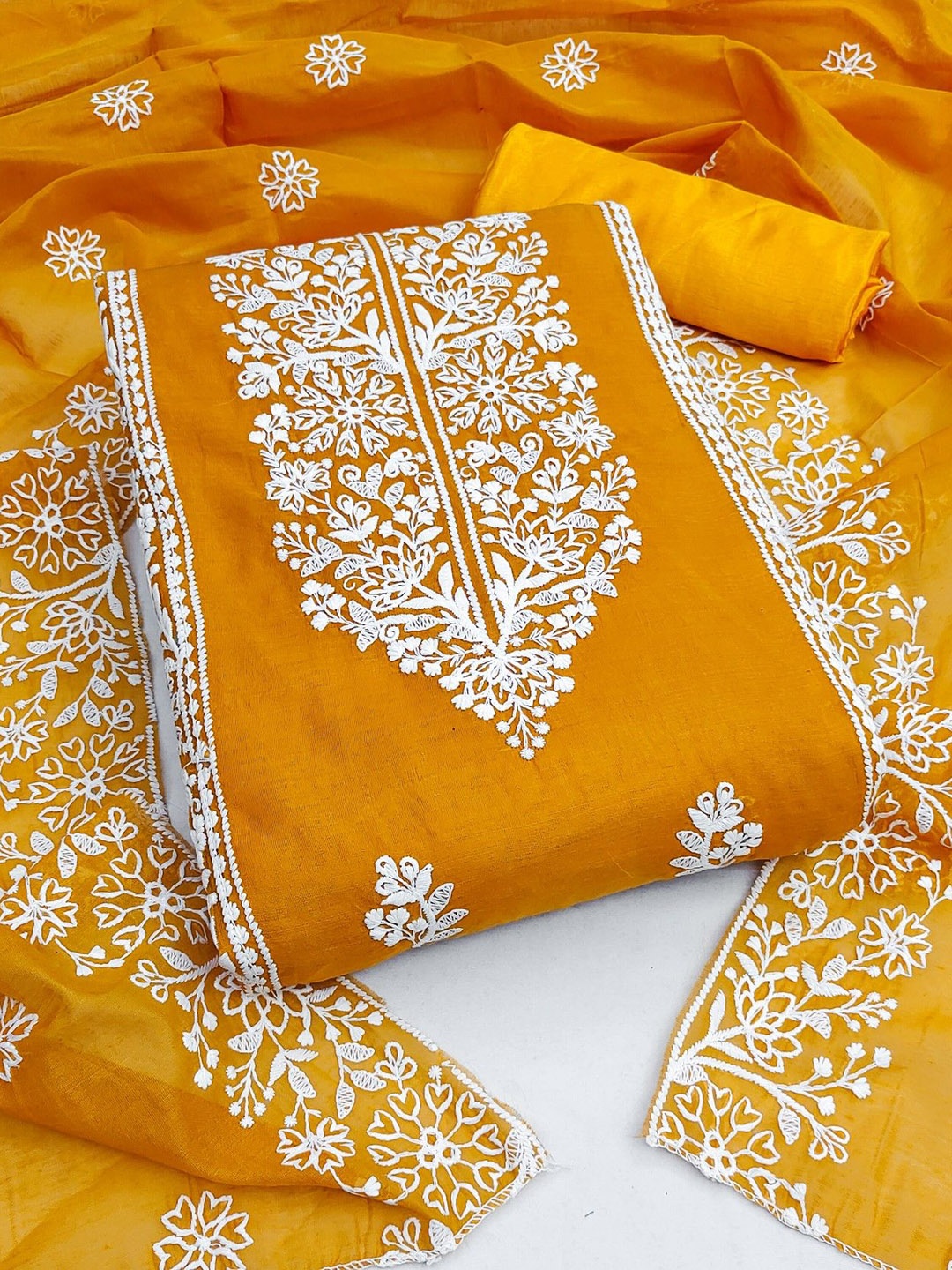 

LeeliPeeri Designer Floral Embroidered Chanderi Cotton Unstitched Dress Material, Yellow