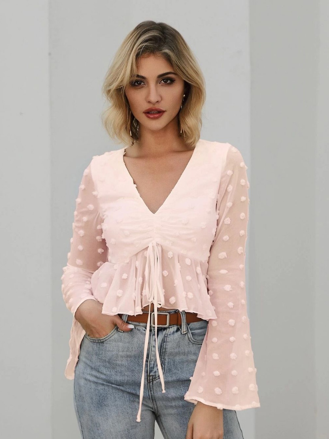 

StyleCast Women Self Design V-Neck Top, Pink