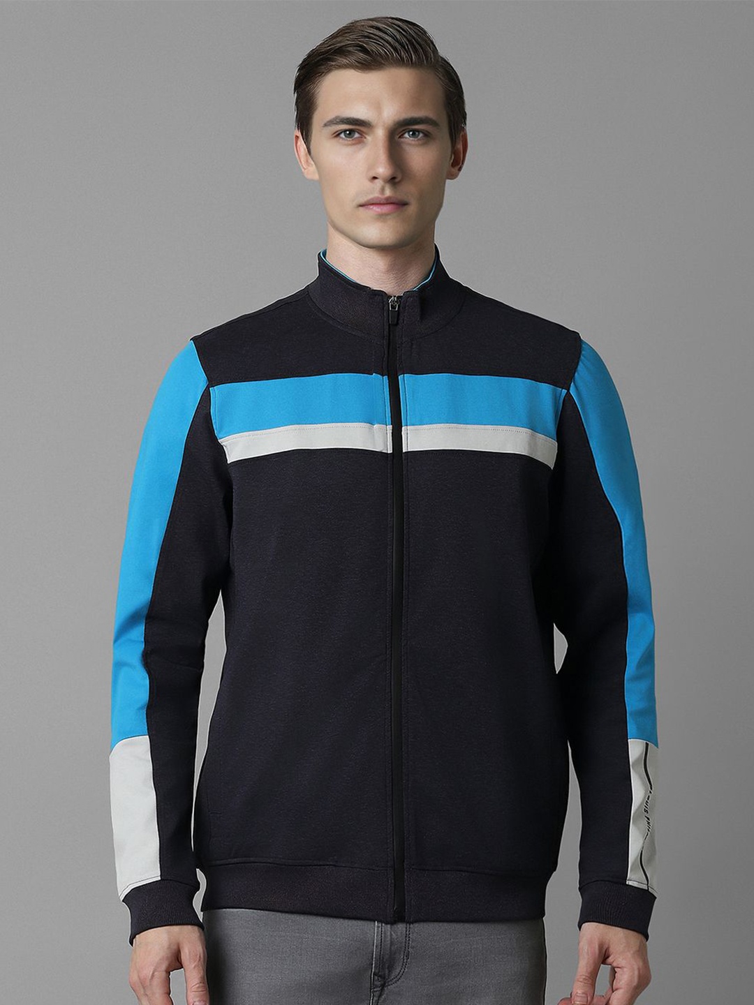 

Louis Philippe Men Colourblocked Mock Collar Sweatshirt, Black