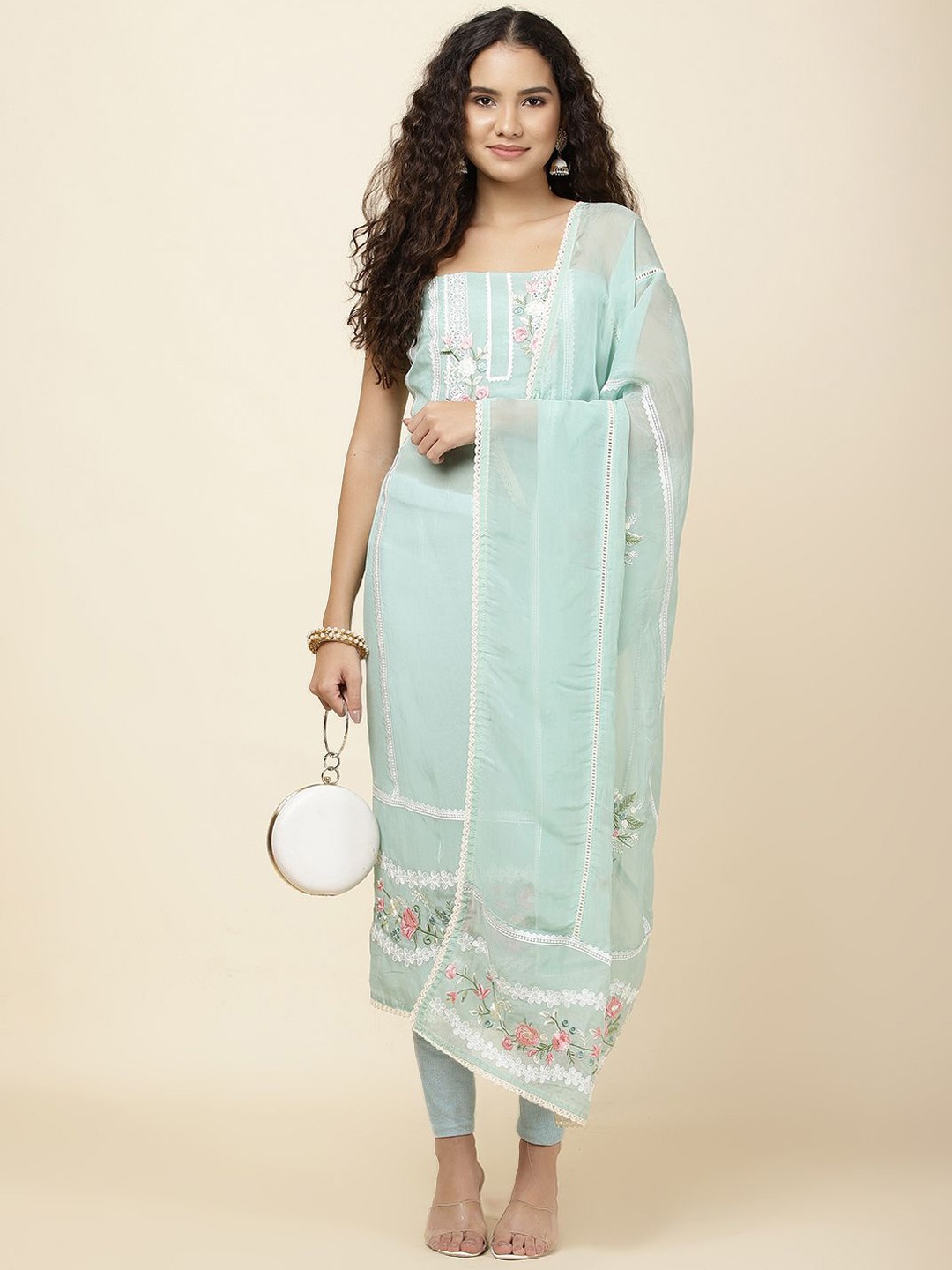 

Meena Bazaar Floral Embroidered Unstitched Dress Material, Sea green