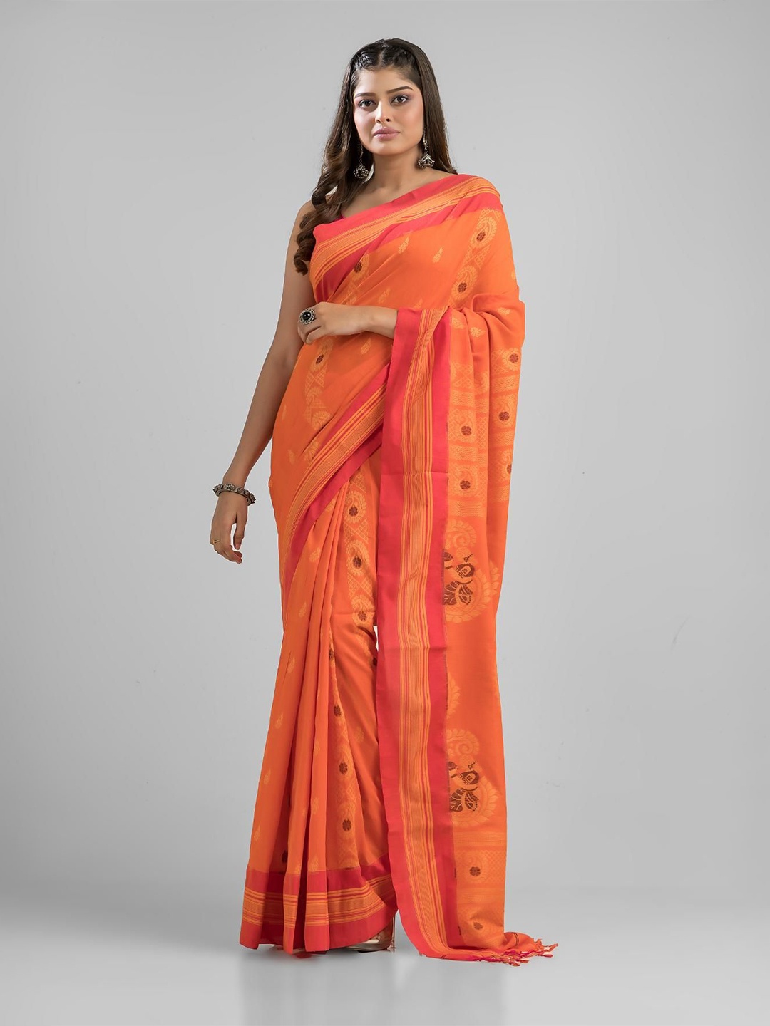 

SAJASAJO Ethnic Motifs Pure Cotton Fusion Saree, Orange