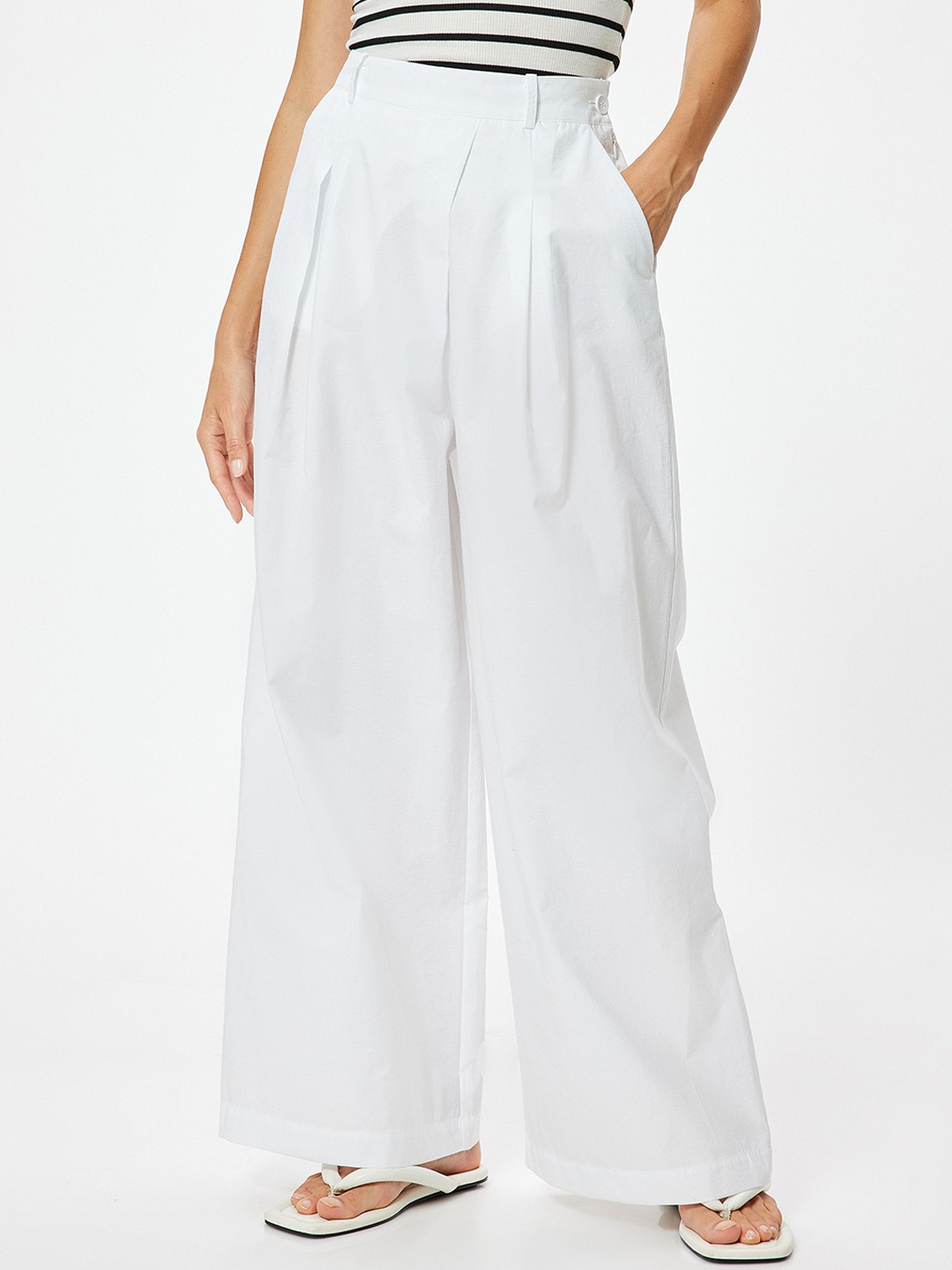 

Koton Women Flared High-Rise Pleated Trousers, White