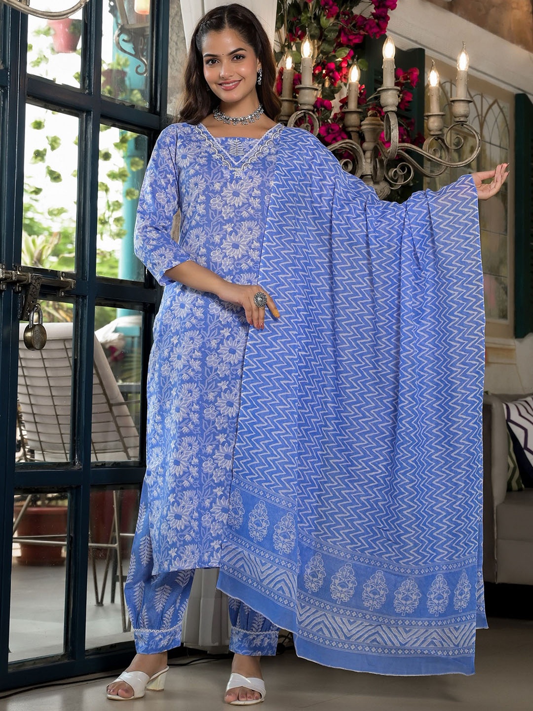 

KALINI Floral Printed V Neck Thread Work Straight Kurta With Salwar & Dupatta, Blue