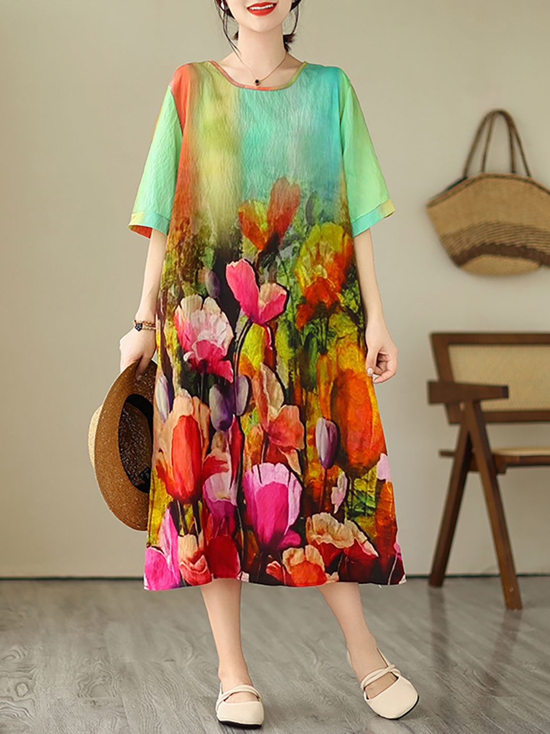 

JC Mode Floral Printed Flared Sleeves A-Line Dress, Green
