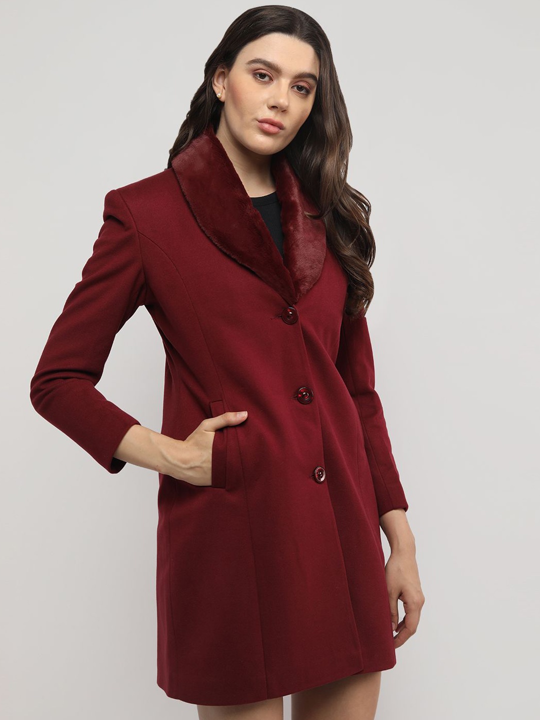 

PROTEX Women Solid Single Breasted Winter Woollen Overcoat, Maroon