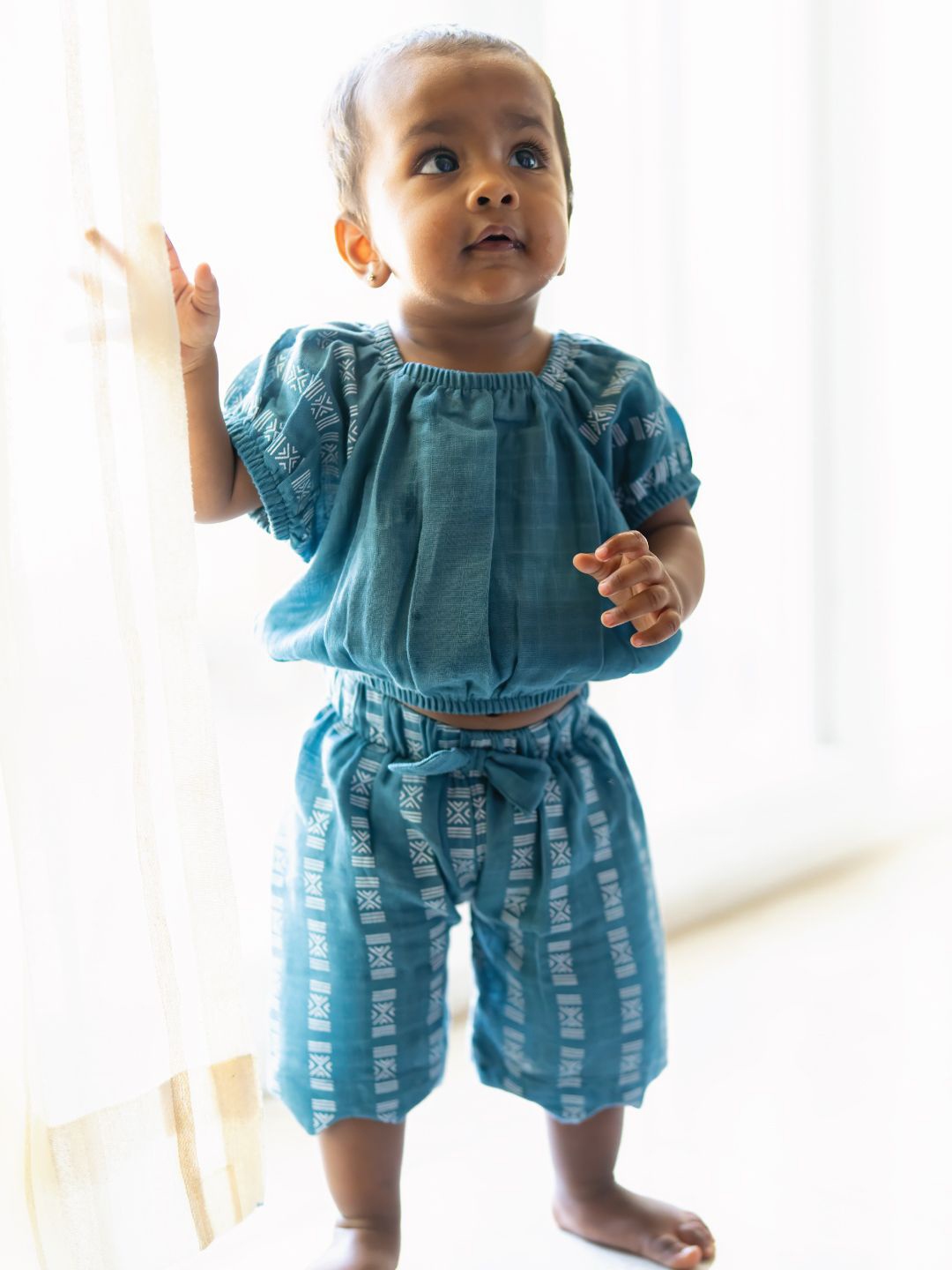 

A Toddler Thing Girls Printed Square Neck Organic Cotton Top with Shorts, Blue