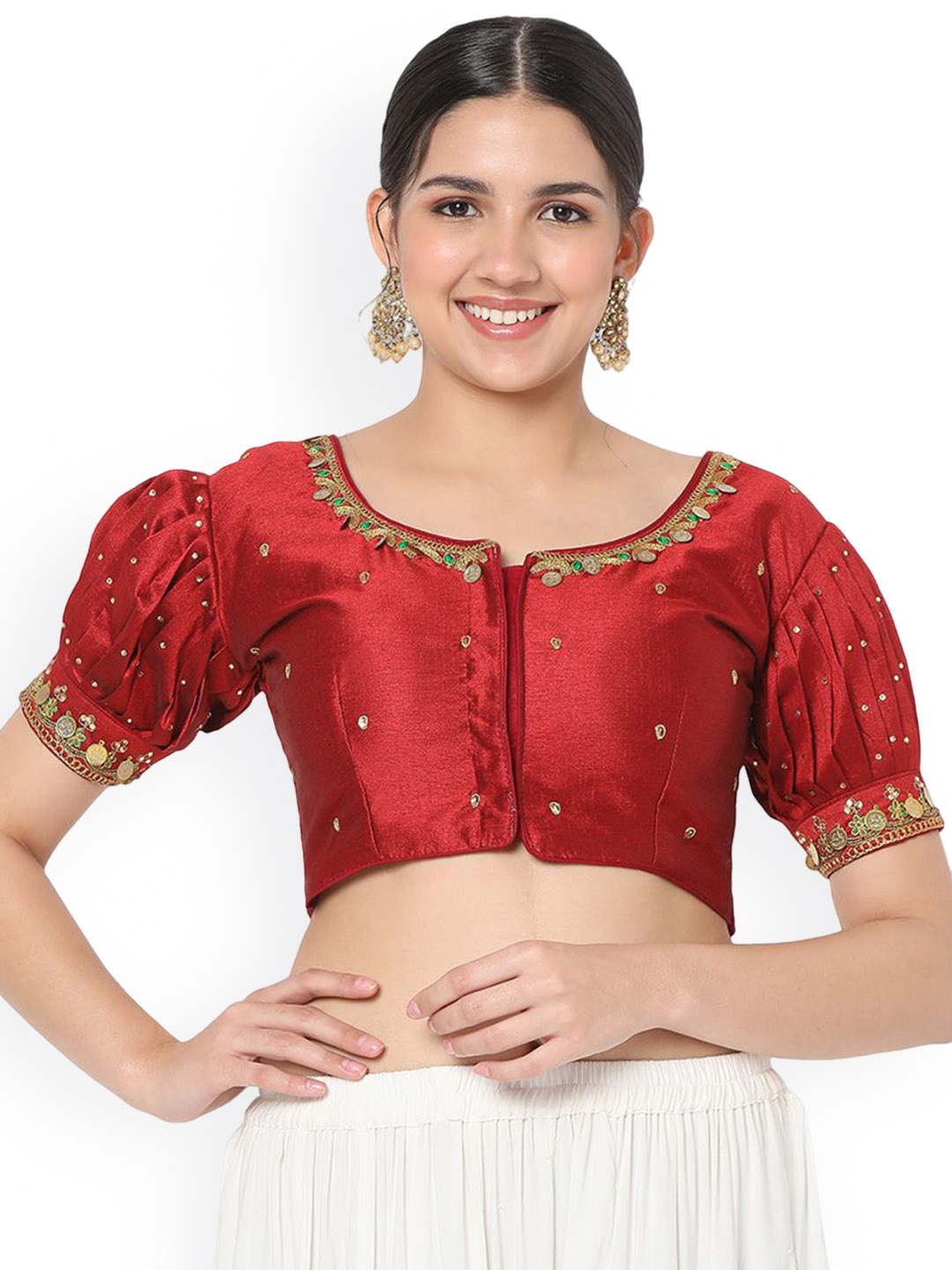 

Mmore Embroidered Puff Sleeve Saree Blouse, Red