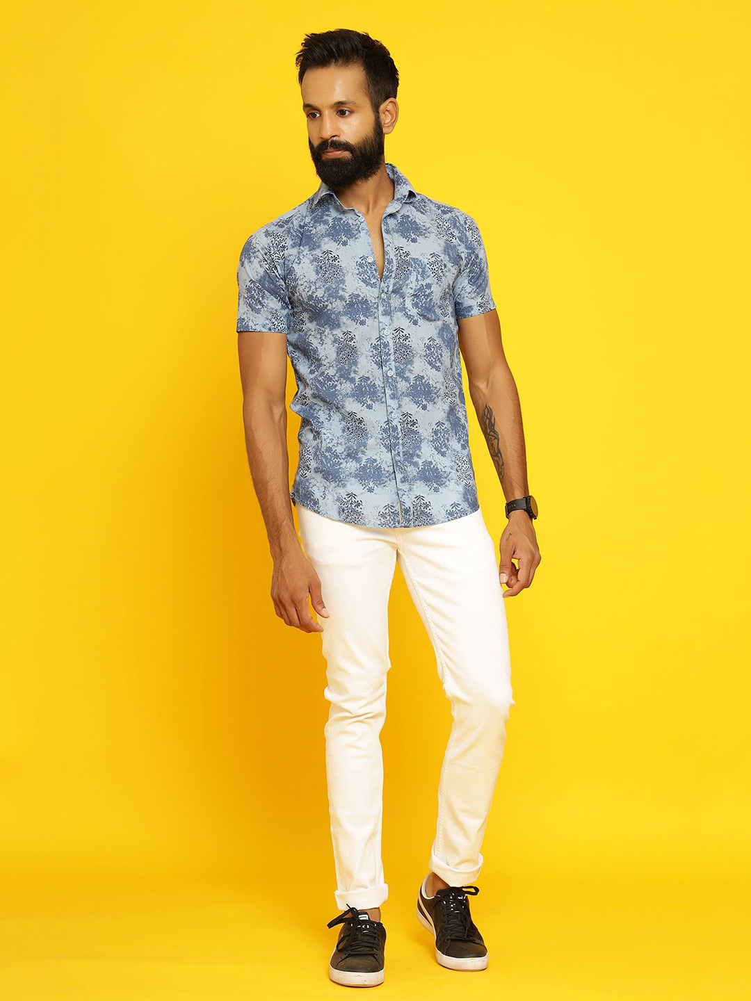 

SAY Men Classic Spread Collar Floral Printed Cotton Casual Shirt, Blue