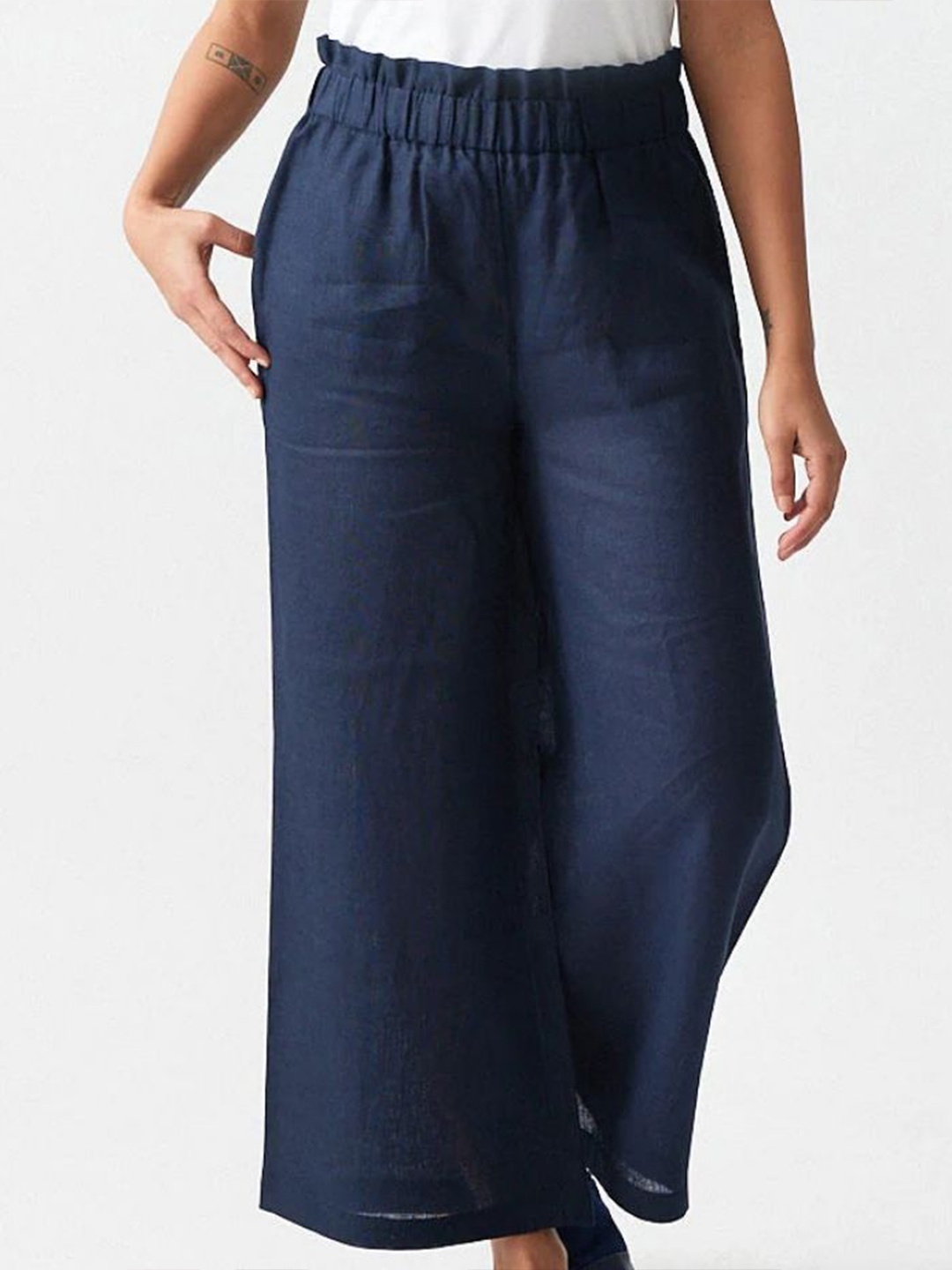 

Creatures of Habit Women Linen Solid Wide Leg Trouser, Navy blue