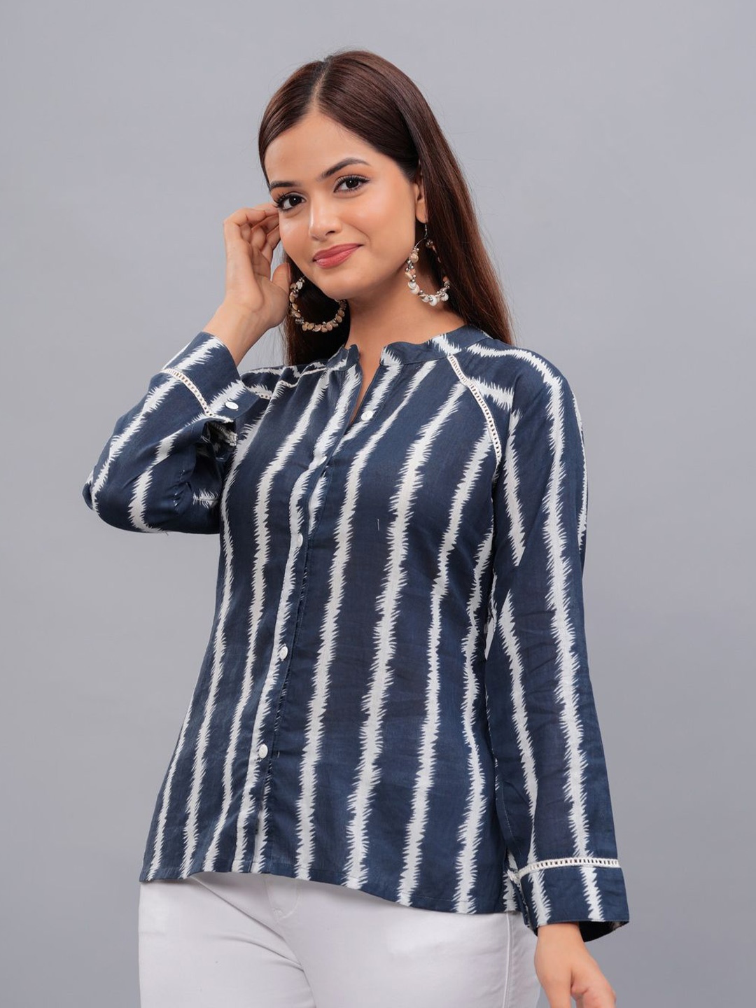 

Bachuu Women Mandarin Collar Vertical Striped Cotton Casual Shirt, Blue