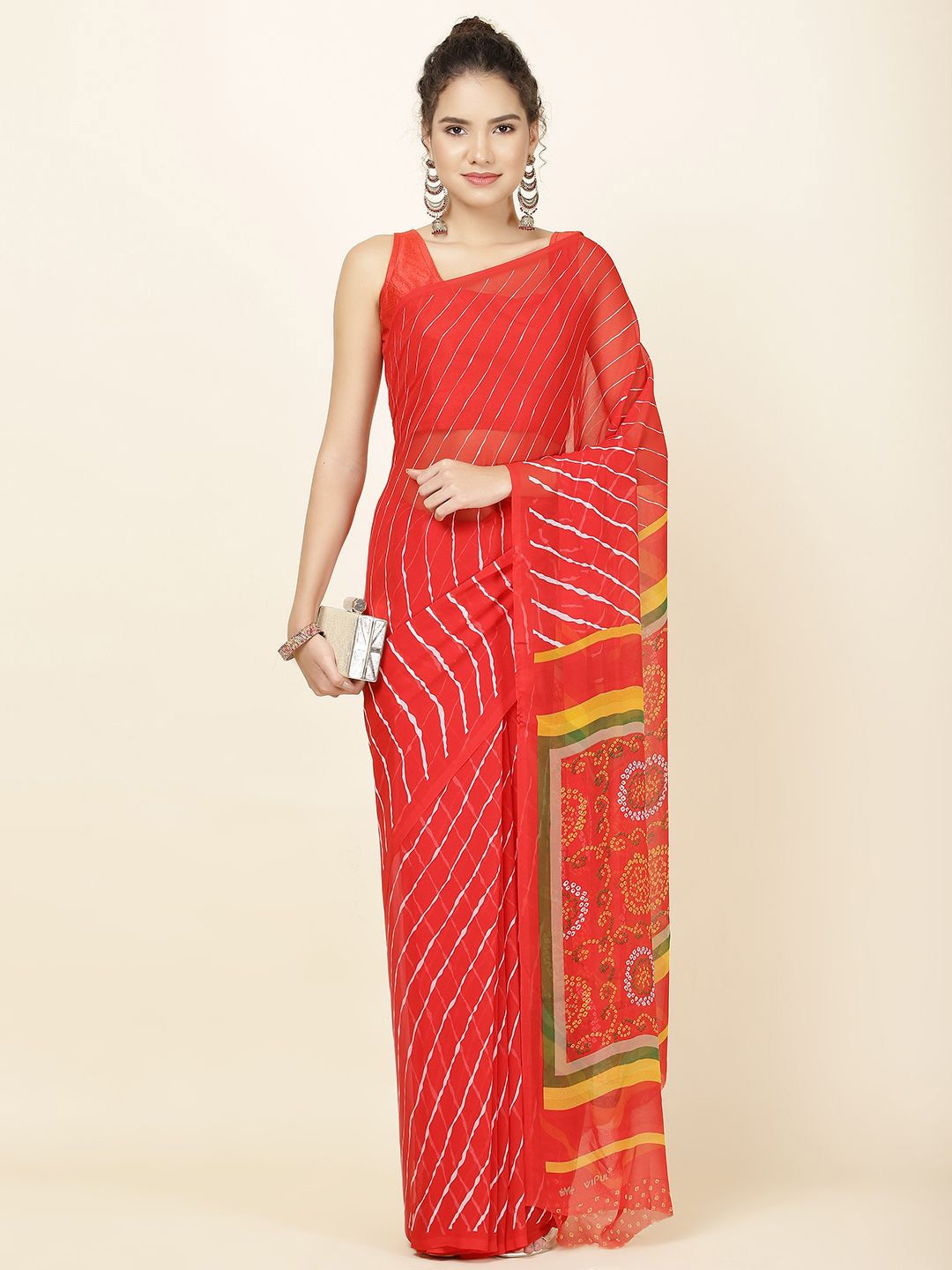 

Meena Bazaar Printed Striped Saree, Red