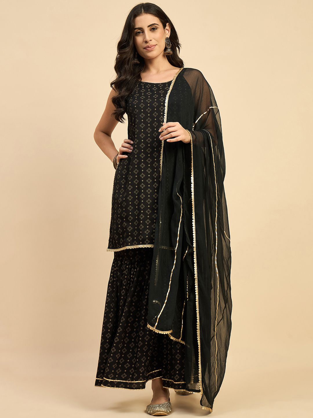 

Azira Geometric Printed Round Neck Gotta Patti Straight Kurta With Sharara & Dupatta, Black