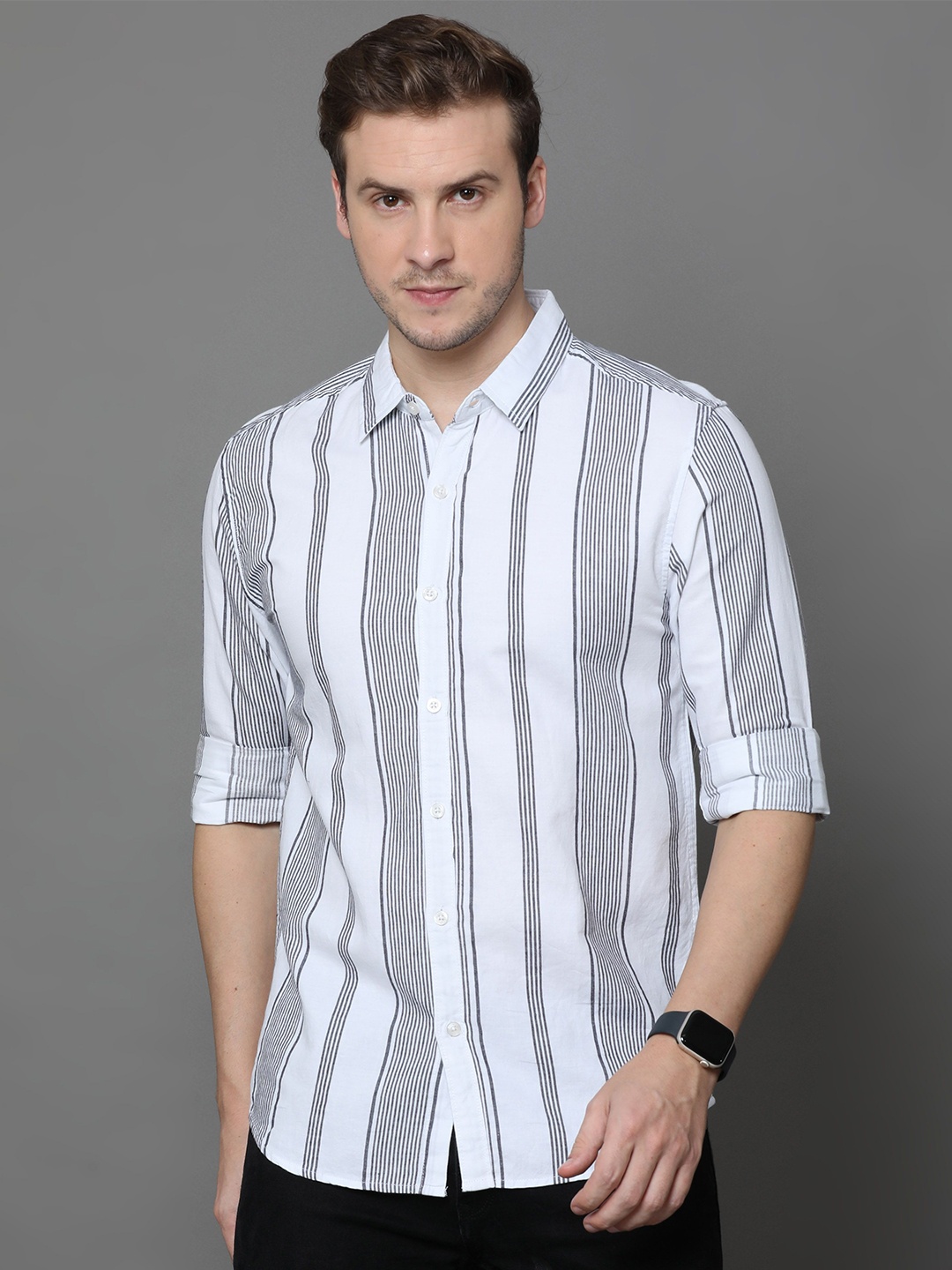 

Rope Men Classic Vertical Striped Cotton Slim Fit Casual Shirt, White