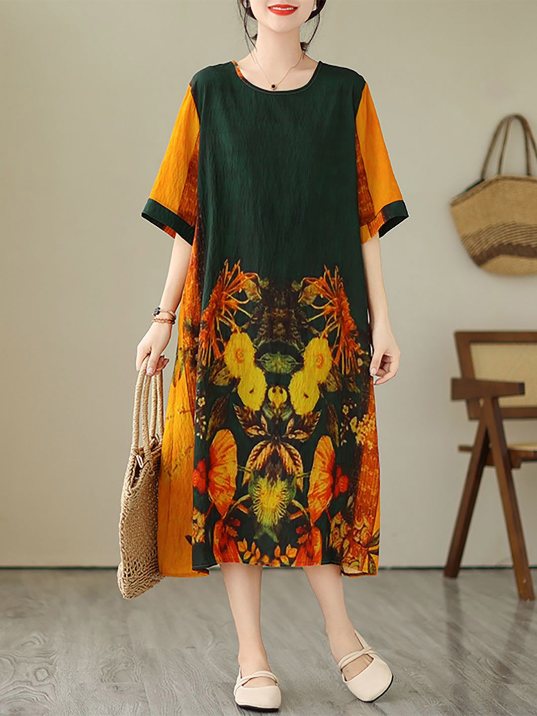 

JC Mode Printed Short Sleeves A-Line Midi Dress, Green