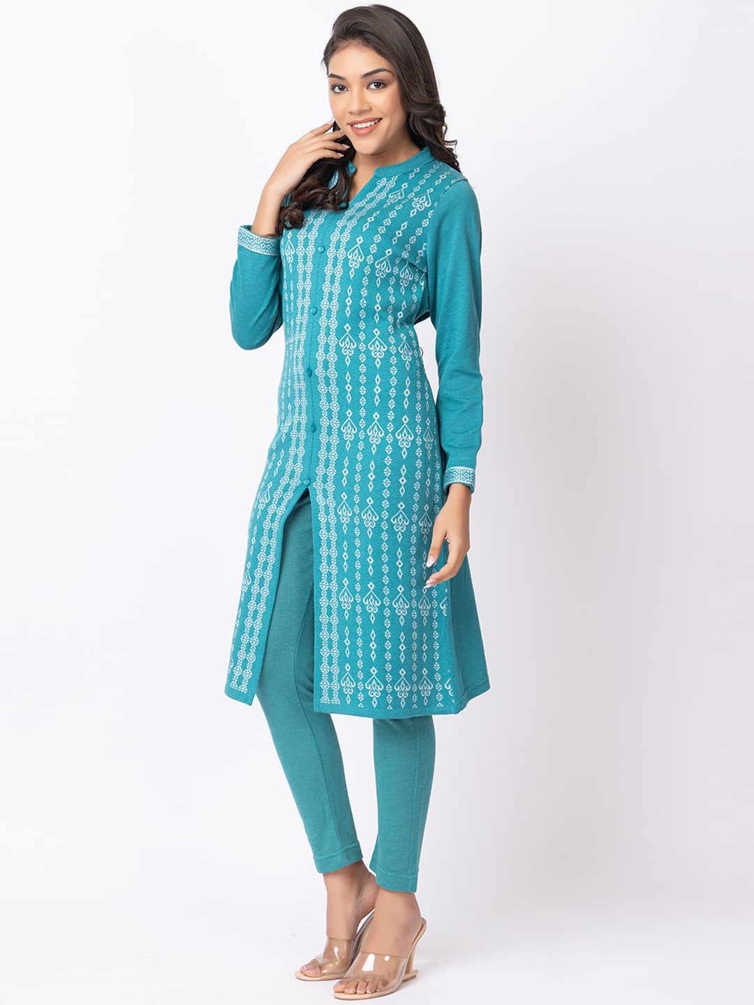 

Anouk Green Floral Printed Mandarin Collar Jacquard Winter Wear Straight Kurta With Trousers