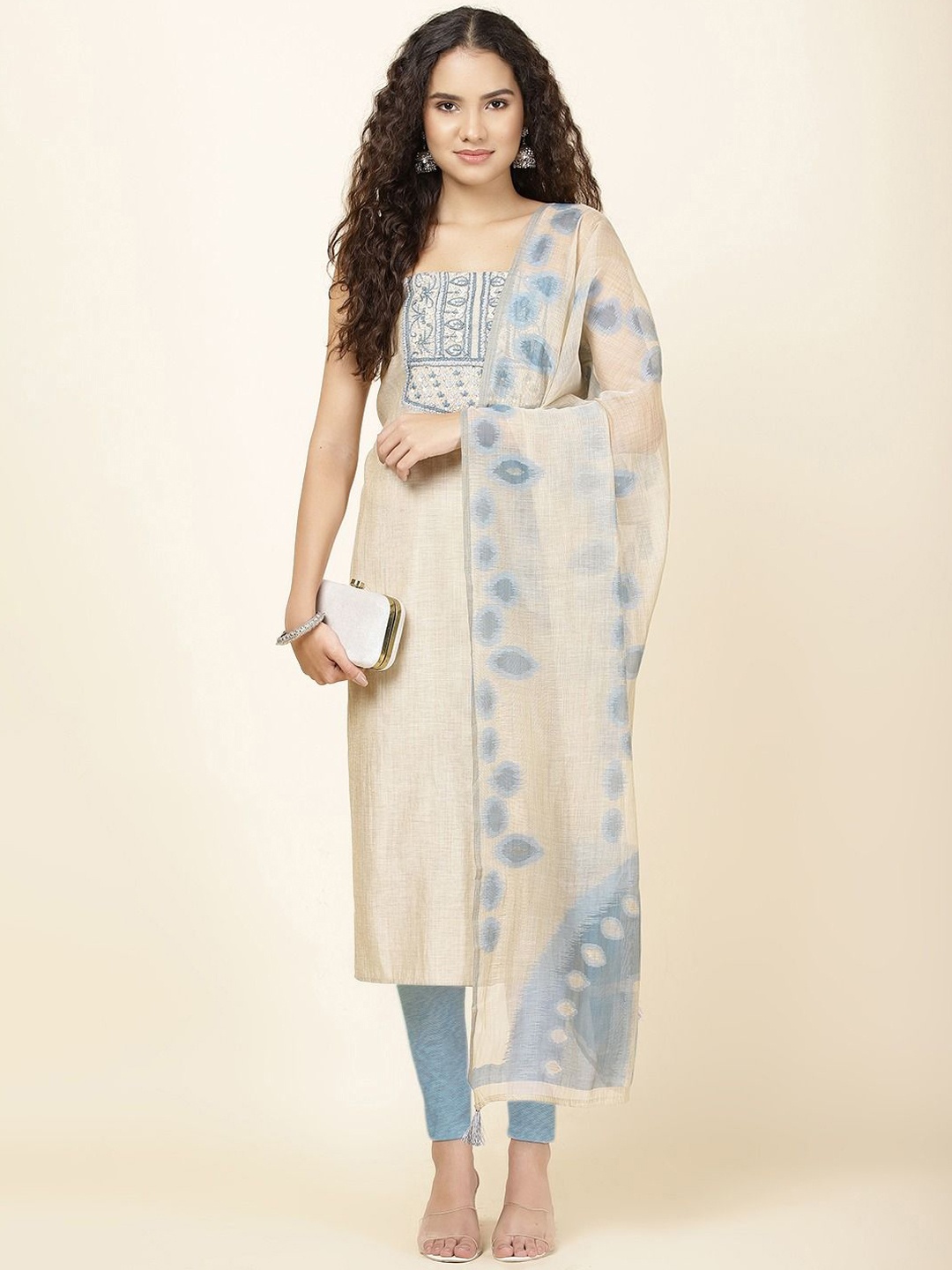 

Meena Bazaar Floral Embroidered Chanderi Unstitched Dress Material, Beige