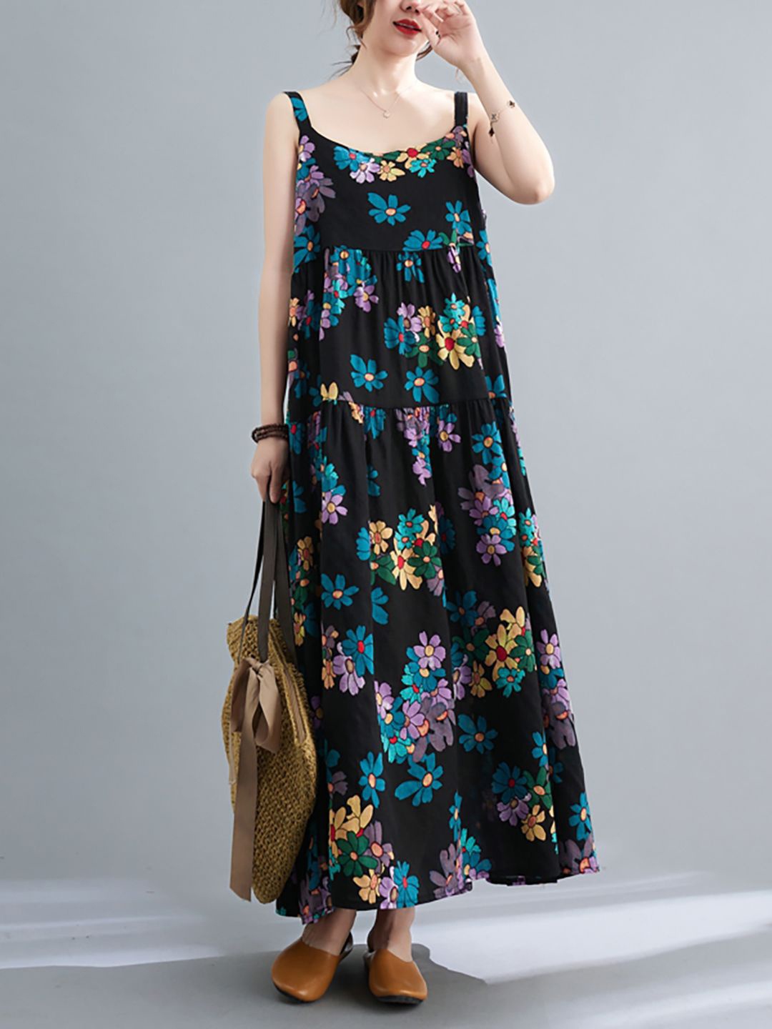 

JC Mode Floral Printed Tiered Maxi Dress, Black