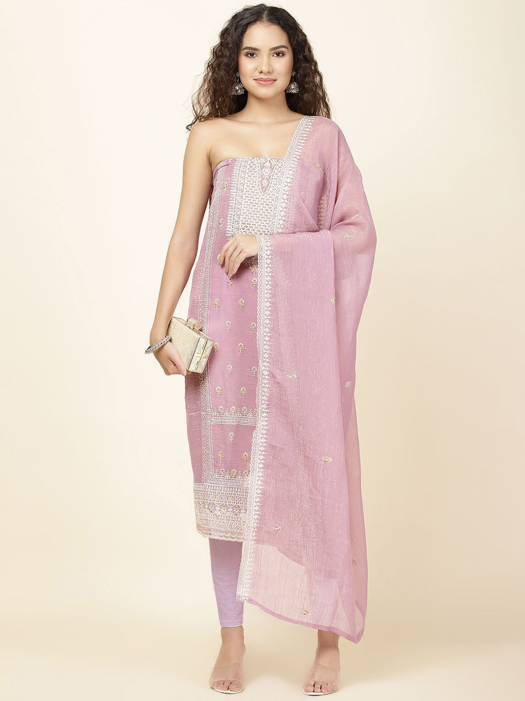 

Meena Bazaar Floral Embroidered Sequinned Unstitched Dress Material, Mauve