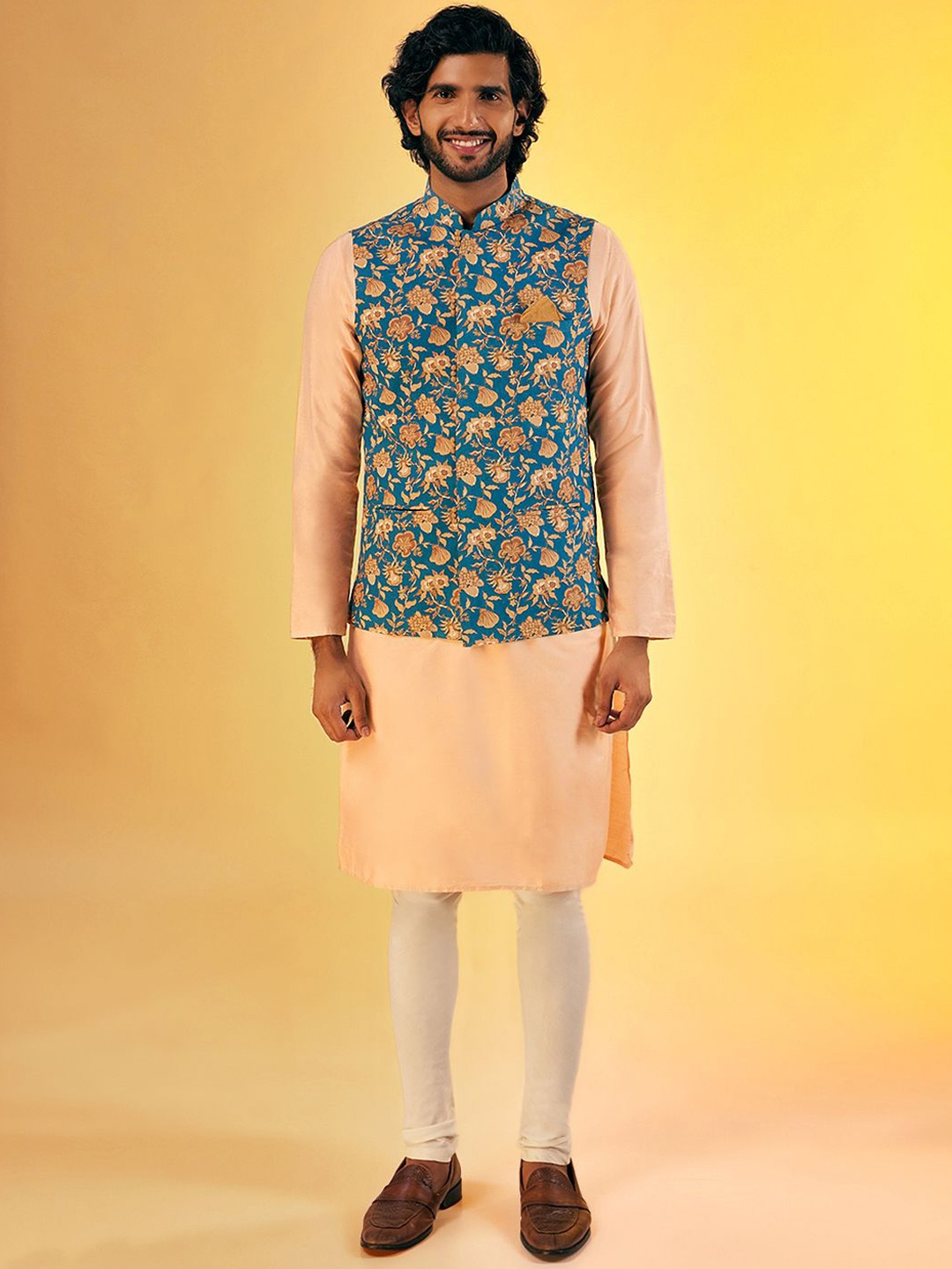 

Anouk Floral Printed Mandarin Collar Regular Kurta with Churidar, Blue
