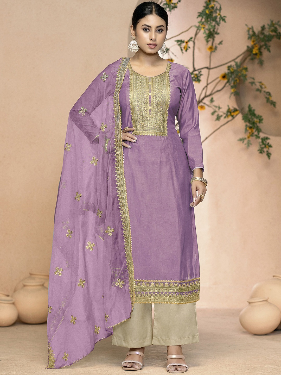 

MANVAA Floral Embroidered Sequinned Unstitched Dress Material, Purple