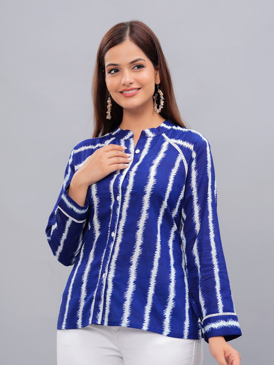 

Bachuu Women Striped Mandarin Collar Top, Blue