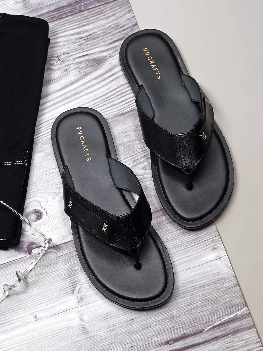 

99CRAFTS Men Leather Thong Flip-Flops, Black