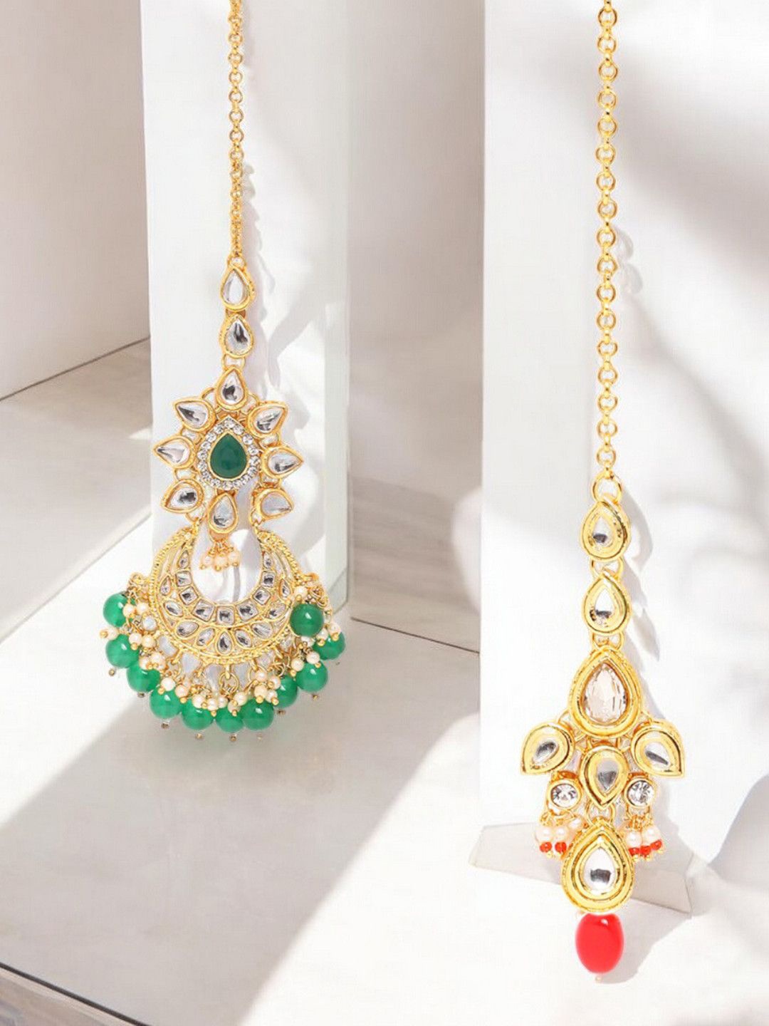 

OOMPH Set Of 2 Kundan Studded Maang Tikka Head Jewellery, Green