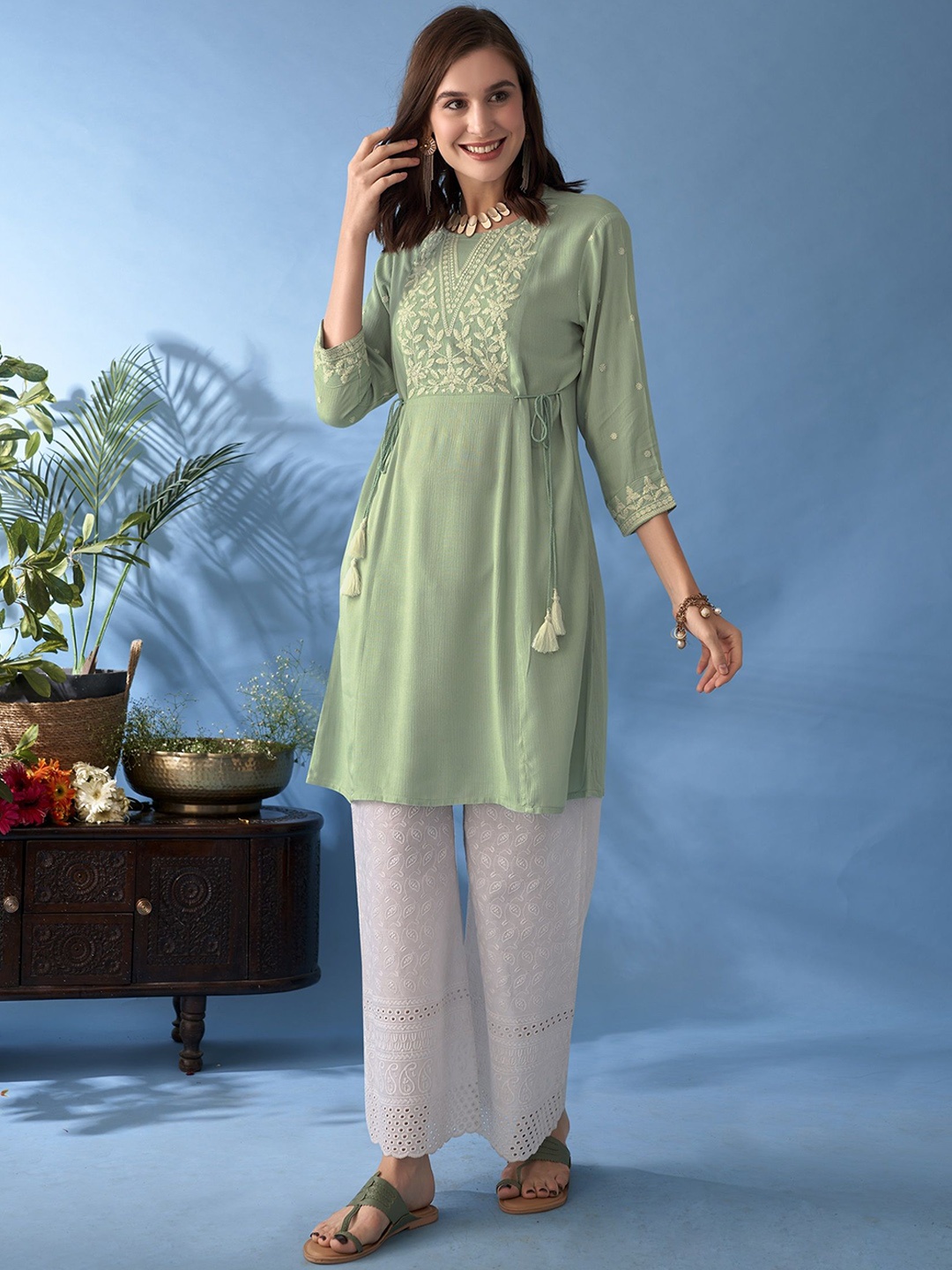 

Anouk Green Floral Embroidered A-Line Kurta, Sea green