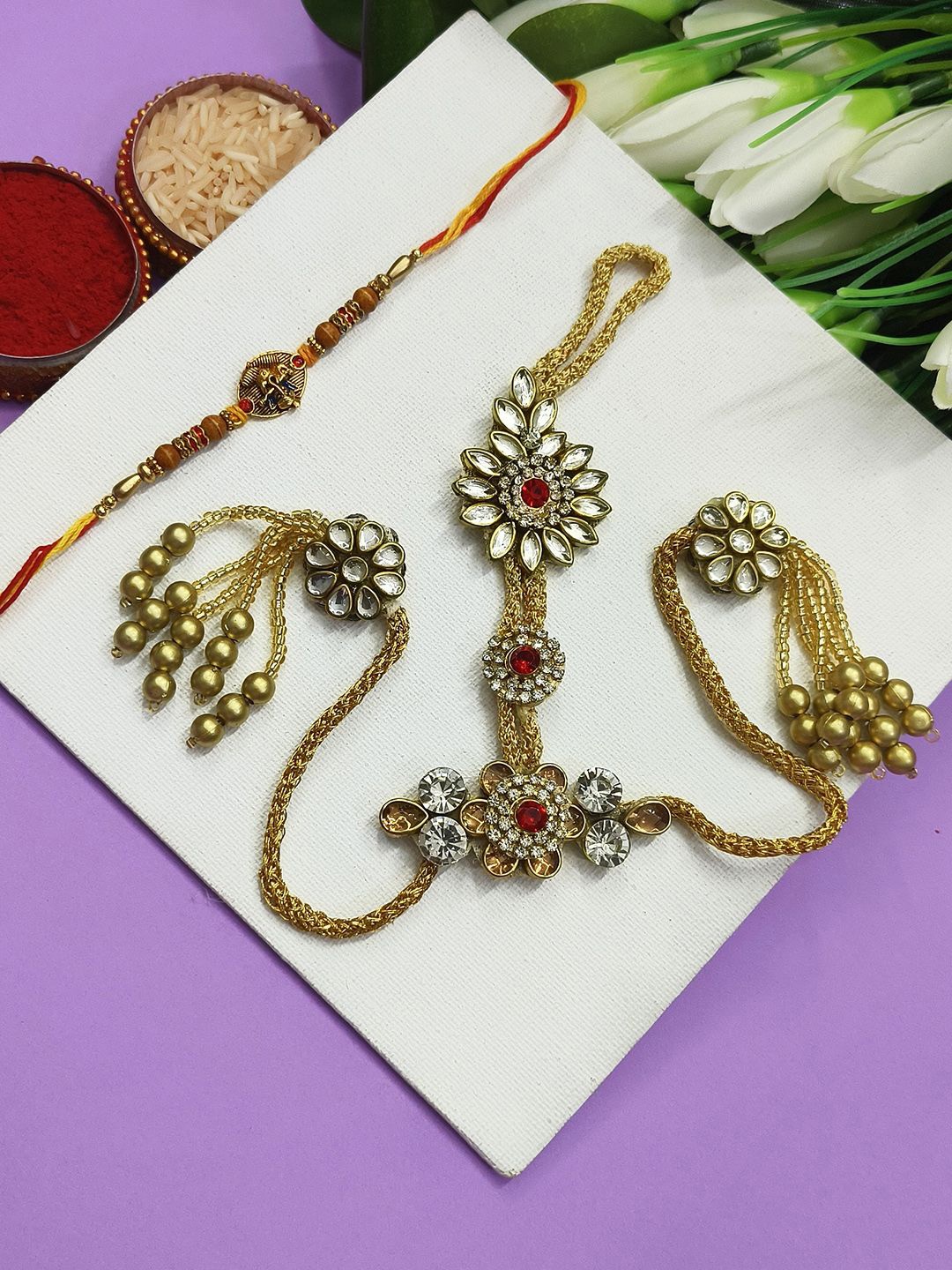 

StileAdda Bhaiya Bhabhi Stones Studded & Beaded Thread Rakhi, Gold