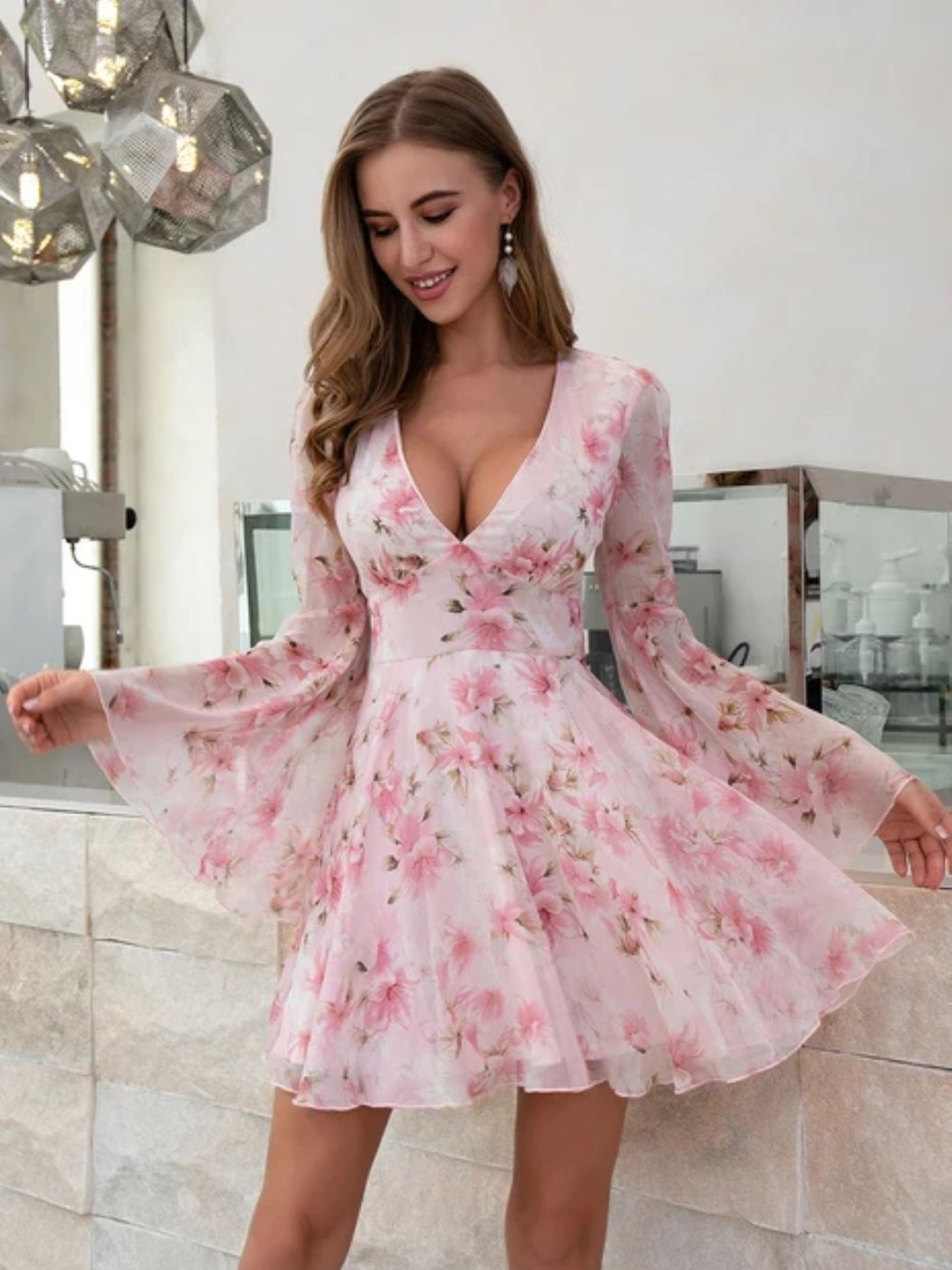 

StyleCast Floral Printed Flared Sleeve Fit and Flare Dress, Pink