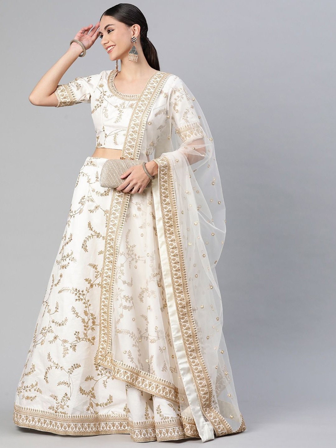 

FABPIXEL Floral Embroidered Semi-Stitched Lehenga & Unstitched Blouse With Dupatta, Off white