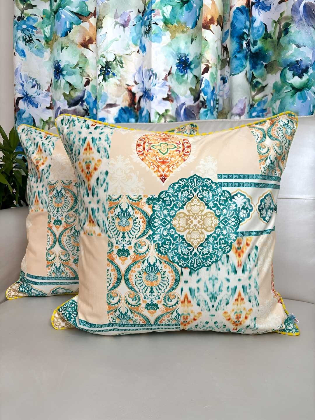 

TARA- Sparkling Homes Yellow & Blue Set of 2 Ethnic Motifs Velvet Square Cushion Covers