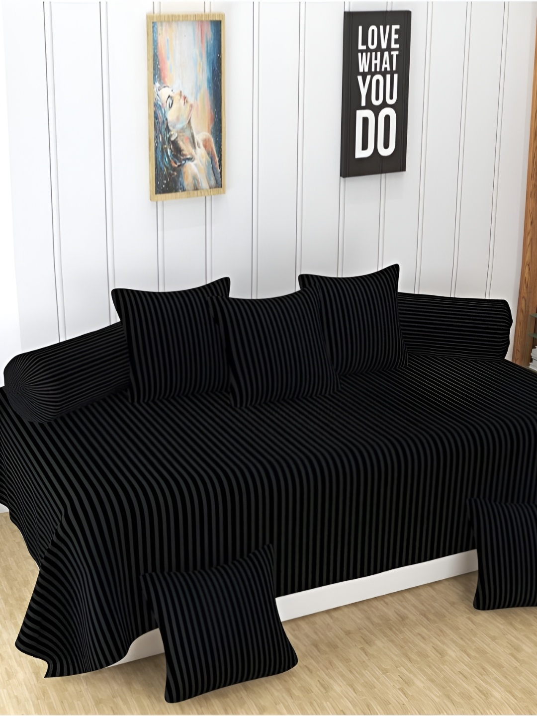 

UrbanArts 8 Pcs Black Striped Cotton Diwan Set
