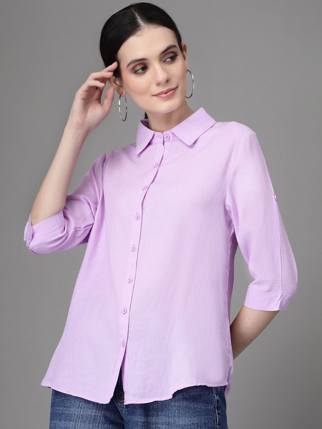 

Global Republic Women Classic Spread Collar Solid Cotton Casual Shirt, Purple