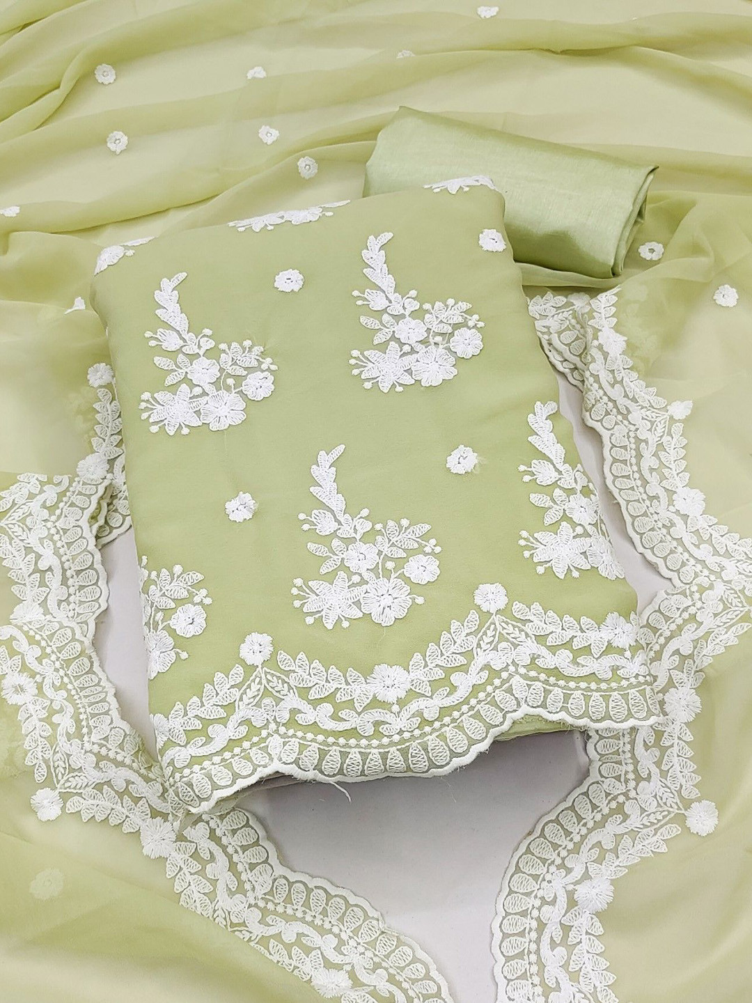 

LeeliPeeri Designer Floral Embroidered Georgette Unstitched Dress Material, Lime green