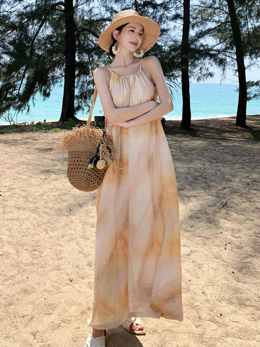 

JC Mode Tie and Dye Shoulder Straps Maxi Dress, Peach