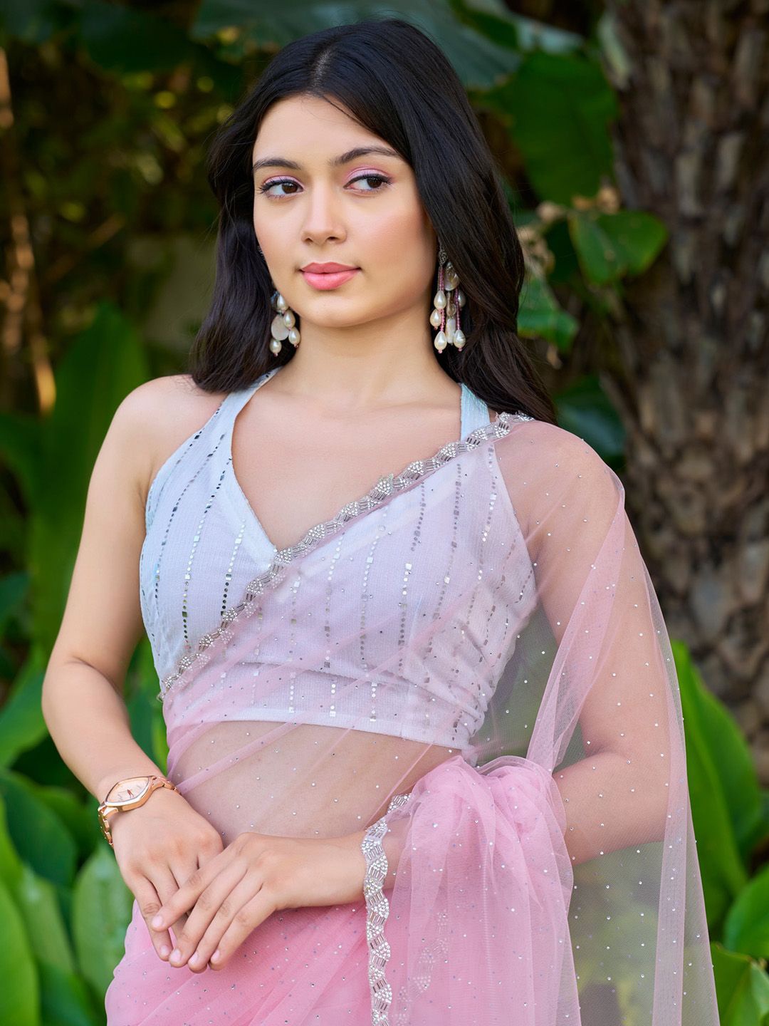

Saree mall Embellished Beads and Stones Net Sarees, Pink