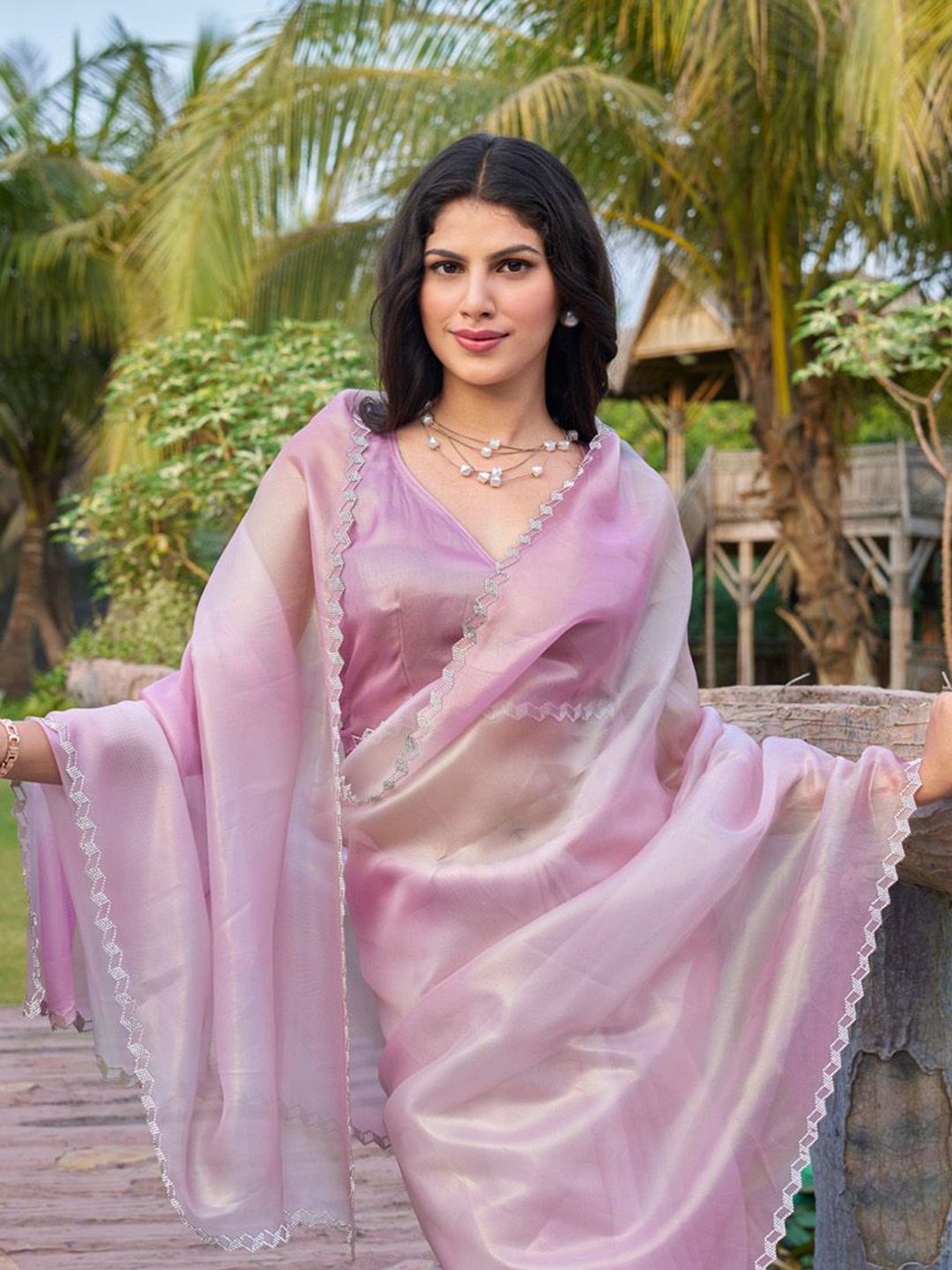 

Saree mall Embellished Beads and Stones Organza Sarees, Mauve