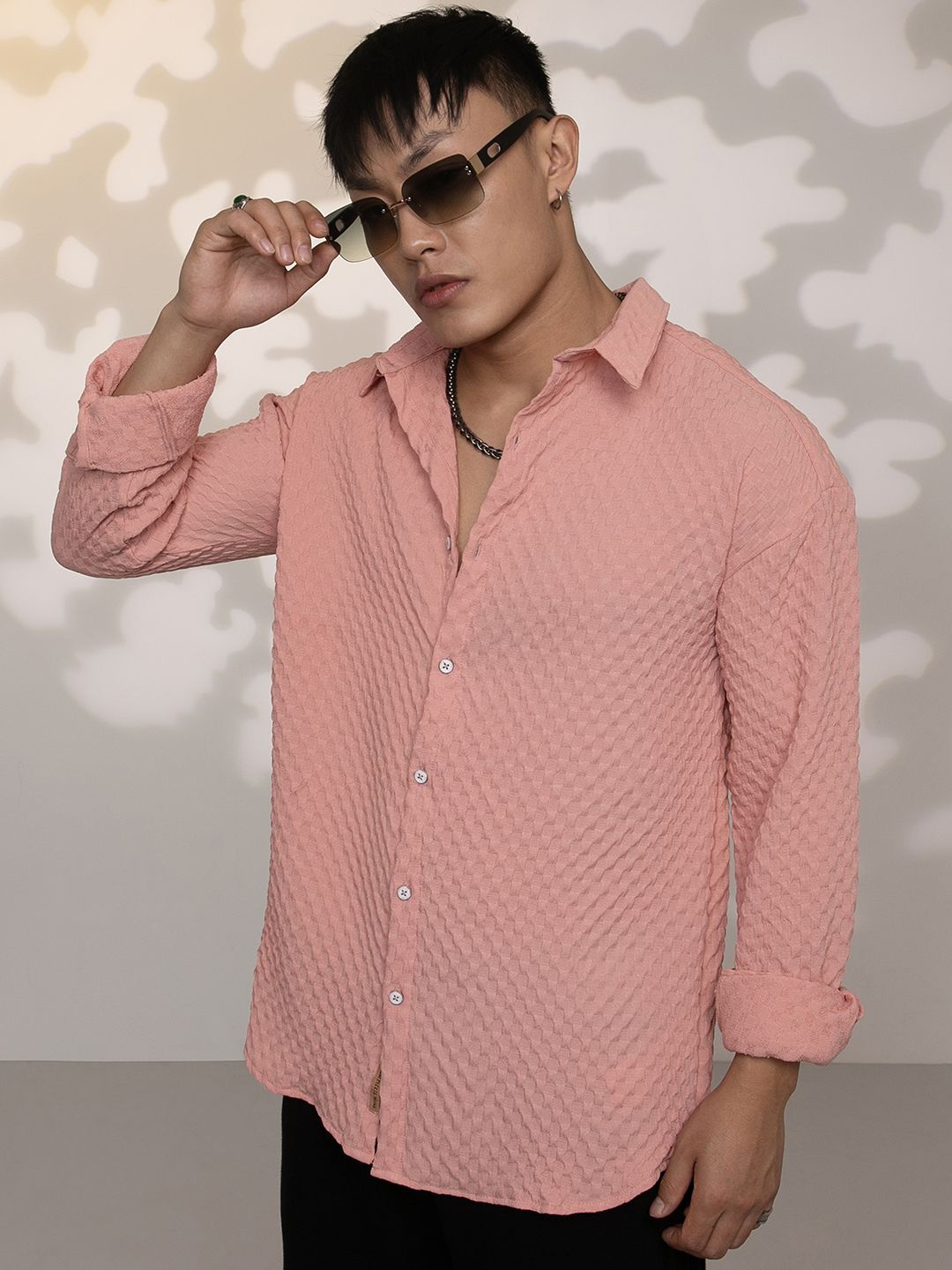 

Campus Sutra Men Comfort Textured Opaque Casual Oversized Shirt, Pink