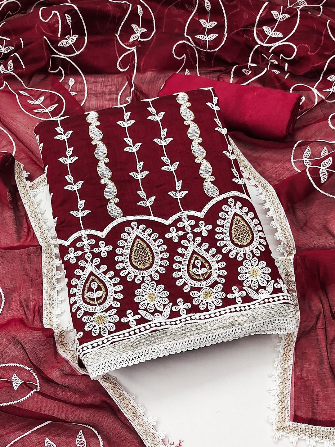 

LeeliPeeri Designer Floral Embroidered Chanderi Cotton Unstitched Dress Material, Maroon