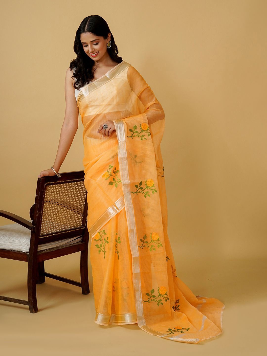 

TEEJH Floral Embroidered Supernet Kota Saree, Yellow