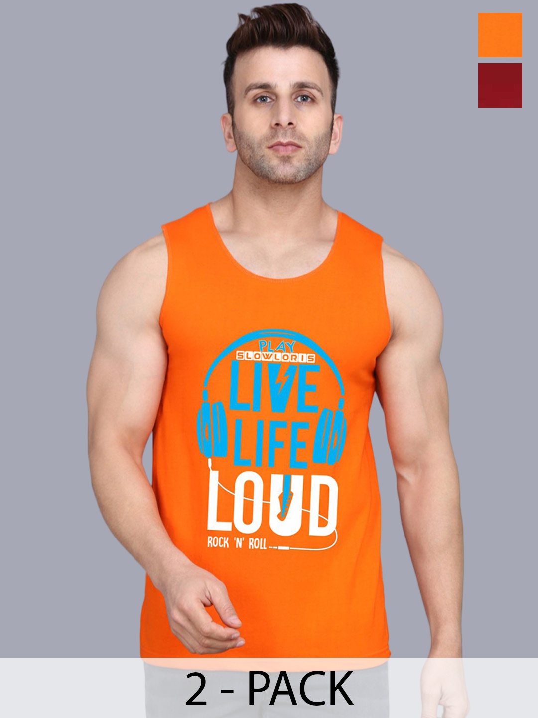

SLOWLORIS Pack Of 2 Printed Men Gym Vests, Orange