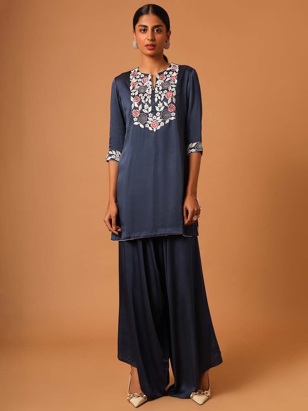 

Sejal Kamdar Ethnic Motifs Yoke Design Thread Work Kurti With Asymmetrical Palazzos, Blue