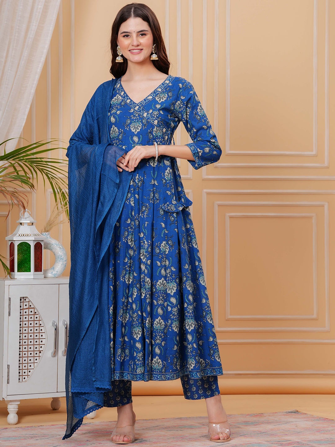 

Mizaz Floral Printed V-Neck Angrakha Thread Work Pure Cotton Kurta with Trousers & Dupatta, Blue