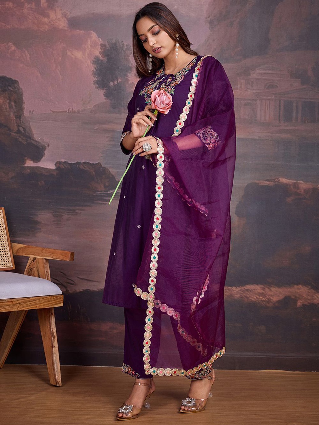 

House of Pataudi Embroidered Tie-Up Neck Kurta & Trouser With Dupatta, Purple