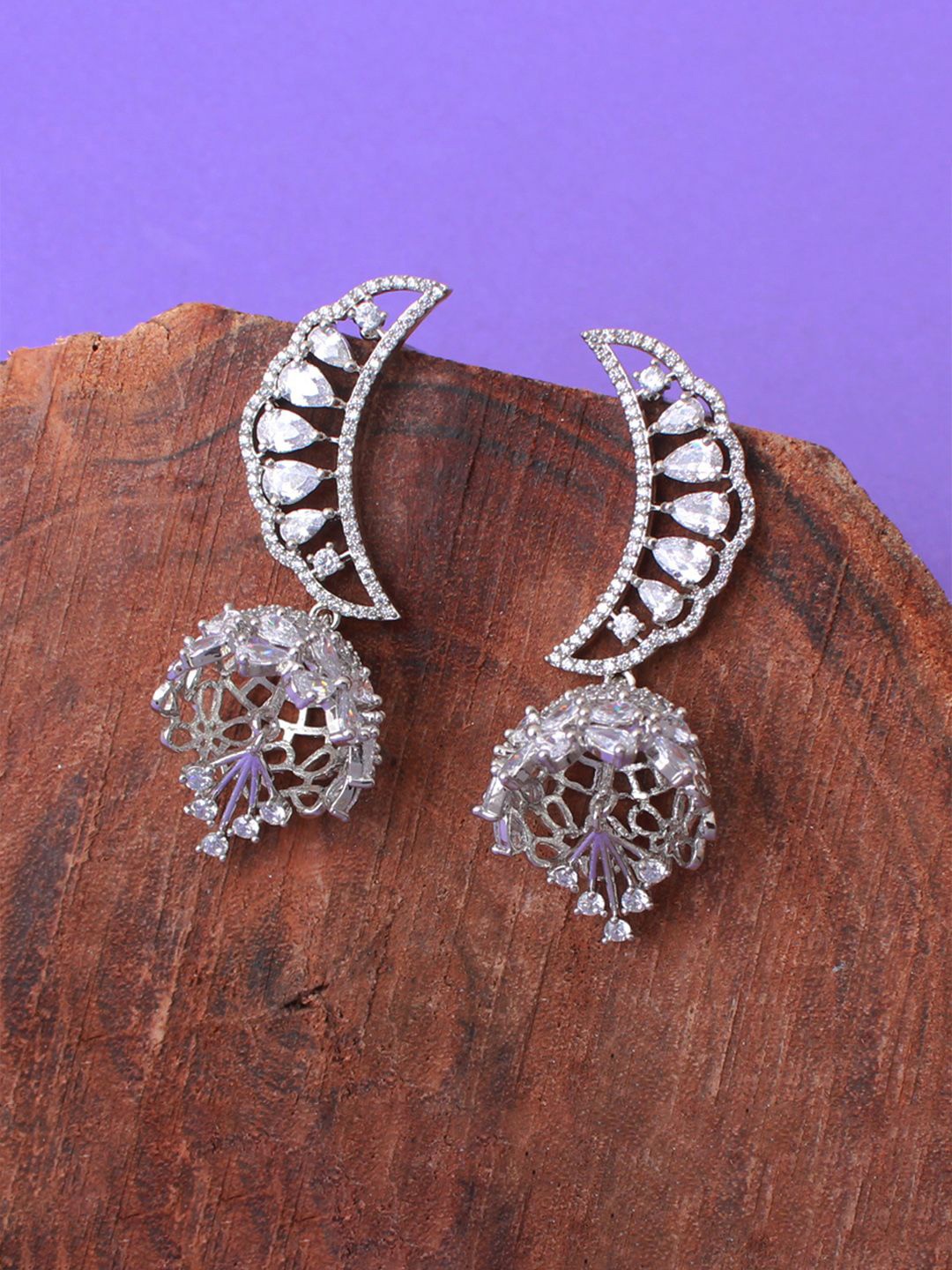 

Mirana Rhodium-Plated Cubic Zirconia Studded Dome Shaped Jhumkas, Silver