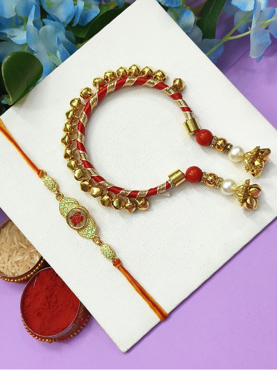 

StileAdda Bhaiya Bhabhi Stones Studded & Beaded Thread Rakhis With Roli Chawal, Red